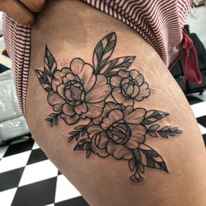 custom peony thigh tattoo by skye maika designs_by_skye. Dotwork custom floral pieces 
