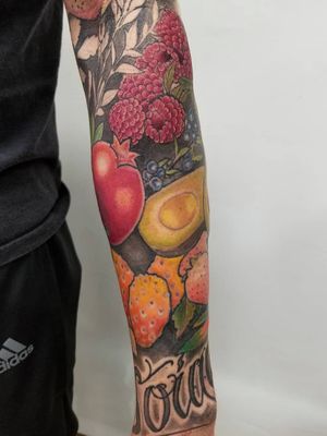 fruit and veggie sleeve I'm working on#fruittattoo #fruitsandveggies #ChefTattoo #colortattoo #nyctattooer 