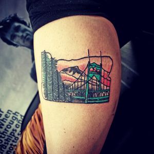 St Johns Bridge and Mt Hood Oregon TattooHeliosFusion ink