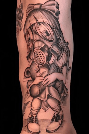 Gas Mask girl tattoo by Daniel Farren