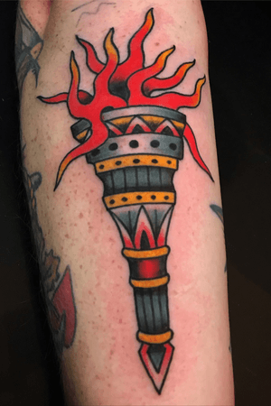 Email chuckdtats@gmail.com for info! #traditional #torch #traditionaltattoo 