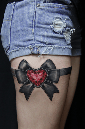 Ruby heart with bow garter