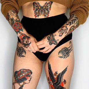 Tatuaje de Fern of the West #fernofthewest #favorittattoos #mejores tatuajes #color #tradicional #ladyhead #eagle #scorpion #butterfly