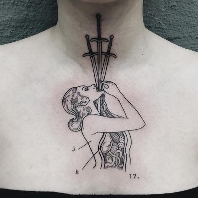 Tattoo by Simone Kimmeck #SimoneKimmeck #favoritetattoos #besttattoos #linework #blackwork #illustrative #swords #swordswallower #lady