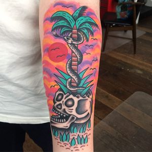 Tattoo by Robert WIlden aka Deathsure #RobertWilden #Deathsure #color #traditional #psychedelic #landscape #sunset #sun #snake #palmtree #skull #death