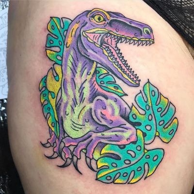 Tattoo by Robert WIlden aka Deathsure #RobertWilden #Deathsure #color #traditional #psychedelic #dinosaur #leaves #plant #nature #animal #raptor