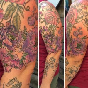 full sleeve custom floral tattoo. Colour and black and grey by inking_au 