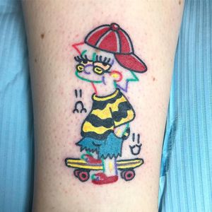 Tattoo by Robert WIlden aka Deathsure #RobertWilden #Deathsure #color #traditional #psychedelic #thesimpsons #LisaSimpson #skateboard