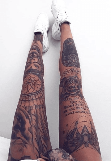 Native American And Dark Forest Tattoo On Full Leg
