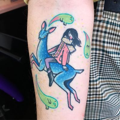 Tattoo by Robert WIlden aka Deathsure #RobertWilden #Deathsure #color #traditional #psychedelic #deer #ghost #girl #cute #animal #nature #anime #manga #illustrative