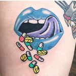 Tattoo by Robert WIlden aka Deathsure #RobertWilden #Deathsure #color #traditional #psychedelic #mouth #pills #drugs #tongue #lips