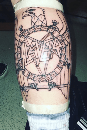 Unfinished Slayer tattoo on the calf