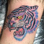 Tattoo by Robert WIlden aka Deathsure #RobertWilden #Deathsure #color #traditional #psychedelic #tiger #junglecat #cat #animal #nature
