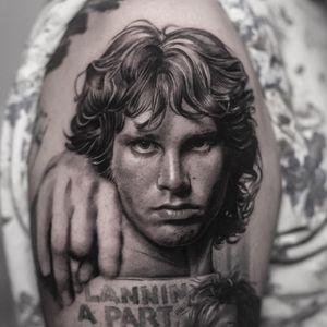 Tattoo by Inal Bersekov #InalBersekov #rockandrolltattoos #musictattoo #rockandroll #music #70s #80s #famous #portraits #thedoors #jimmorrison #blackandgrey #realism #realistic #hyperrealism