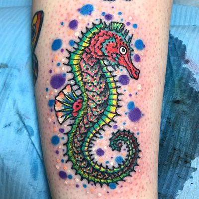 Tattoo by Robert WIlden aka Deathsure #RobertWilden #Deathsure #color #traditional #psychedelic #seahorse #oceanlife