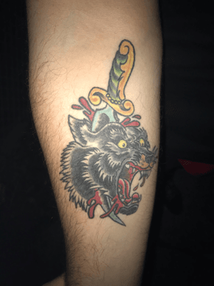 Almost a year healed on this wolf head and dagger design! Thank you for looking!!!