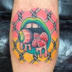 Tattoo by Robert WIlden aka Deathsure #RobertWilden #Deathsure #color #traditional #psychedelic #mouth #eyeball #chainlinkfence #eye #tongue