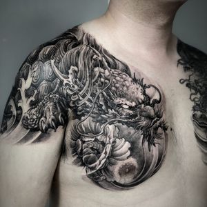 Tattoo by Hailin Fu Tattoo #HailinFuTattoo #ChineseTattoos #ChineseNewYear #LunarNewYear #Chinese #chineseart #China #dragon #dragonturtle #chinesezodiac #blackandgrey #illustrative #flower #peony