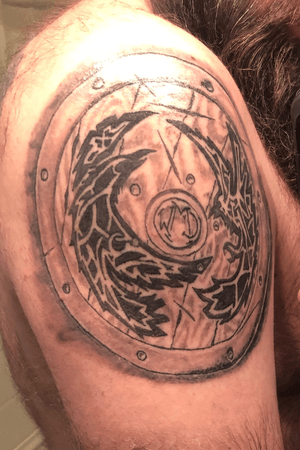 Left arm.  A shield with Odin’s ravens.  My son initials are in the centet.  Finished in January of 2019