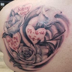 Thank you @jewellycook this was a really fun tattoo to complete. Also I'll be in Idaho Falls from here on. Hit me up for appointments and questions! #roses #hearts #tattoo #cheyeannerotary #blackandgreytattoo #memorial #ilovemyjob