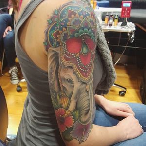 A colorful elephant halfsleeve #tattoo #tattoolife #tattooart #saniderm #envyneedles #rosewatertattoo #tattoos #tattooartist #art #ink #inked #lynntattoos #inkedmag #portland #portlandtattooers #portlandtattoo #pdx #pdxartists #pdxtattooers #pdxtattoo #tattooed #tatsoul #fusiontattooink #fkirons #bestink #vegan #tattoosnob #elephanttattoo #crueltyfree #eternalink