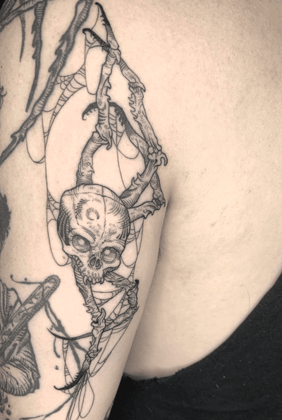 “Of things that crawl in the spaces between.” Fun little skull-scuttler on Aaron today. Thanks man! #revoltingworship #americancrowtattoo #tattoo #blackwork #blackworktattoo #blackworkers #btattooing #blckink #tattoos #darkart #darkartists #darkartist #tttism #blxckink #onlythedarkest #blackclaw #columbustattooers #ohiotattooers #thedarkestwork #blkttt #ttmmt #skulltattoo #spiderwebtattoo #spidertattoo