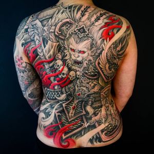 Tattoo by Winson Tsai #WinsonTsai #ChineseTattoos #ChineseNewYear #LunarNewYear #Chinese #chineseart #China #monkeyking #monkey #skulls #backpiece #backtattoo #fire #phoenix #sword
