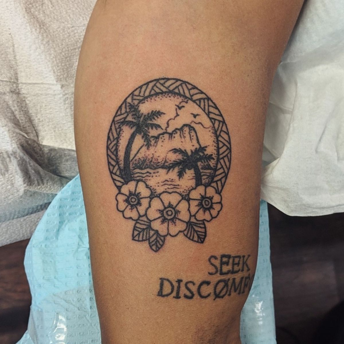Tattoo uploaded by Lynn Marie • Black work Hawaiian scene (letters pre