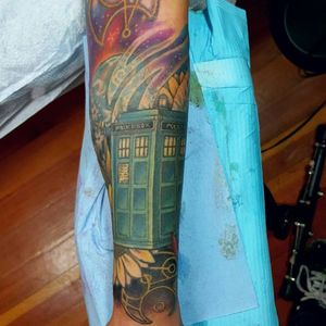 A progress photo of a Dr who outer space sleeve#tattoo #tattoolife #tattooart #drwhotattoo #envyneedles #rosewatertattoo #tattoos #tattooartist #art #ink #inked #lynntattoos #inkedmag #portland #portlandtattooers #portlandtattoo #pdx #pdxartists #pdxtattooers #pdxtattoo #tattooed #tatsoul #fusiontattooink #fkirons #bestink #vegan #tattoosnob #stencilstuff #crueltyfree #eternalink