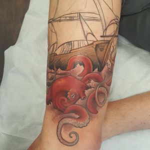 Progress shot of this octopus and ship tattoo #tattoo #tattoolife #tattooart #saniderm #envyneedles #rosewatertattoo #tattoos #tattooartist #art #ink #inked #lynntattoos #inkedmag #portland #portlandtattooers #portlandtattoo #pdx #pdxartists #pdxtattooers #pdxtattoo #tattooed #tatsoul #fusiontattooink #fkirons #bestink #vegan #tattoosnob #octopustattoos #crueltyfree #eternalink