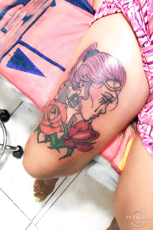 #colorful #colortattoo #rosetattoo #beautiful #thightattoo #tattoosforwomen 