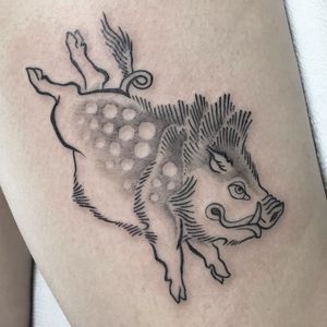 Tattoo by Simon Ban #SimonBan #pigtattoos #pig #piggy #yearofthepig #animal #nature #Japanese #illustrative #boar #blackandgrey
