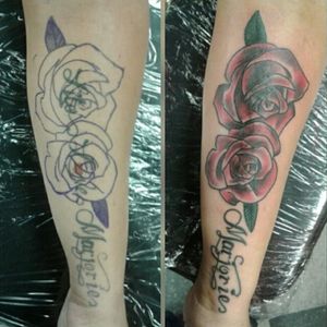 Names cover up...#coveruptattoo #flowers #roses #script #color #design #byjncustoms 