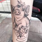 Tattoo by Ella Decorates #EllaDecorates #pigtattoos #pig #piggy #yearofthepig #animal #nature #blackandgrey #teacup #flower #rose #cute