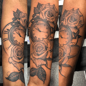 Time waits for no one. Time, watch, pocket watch, clock, rose, roses, time, black and grey, realistic, realism, fine line, 3rl 