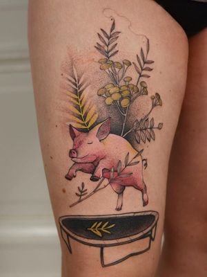 Tattoo by Dzo Lama #DzoLama #pigtattoos #pig #piggy #yearofthepig #animal #nature #color #illustrative #flowers #plants #trampoline