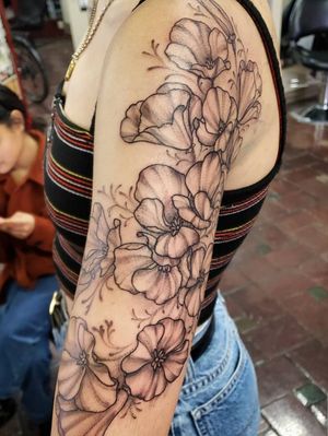 California poppy half sleeve.#california #poppytattoo #floral #botanical #flower #botanicaltattoo #blackandgreytattoo #bayareatattooartist #redwoodcity #poppies