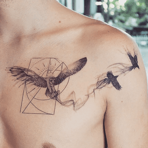 Fine line owl tattoo - Tattoo Chiang Mai                      #owl #raven #fibonacci #smoke #linework #dotwork #ChiangMai #thailand #tattoochiangmai #tattooartistchiangmai #tattoostudiochiangmai #fineline #geometric #btattooing #abstracttattoo #instatattoo #inked #tattooart #tattoooftheday #tatouage 