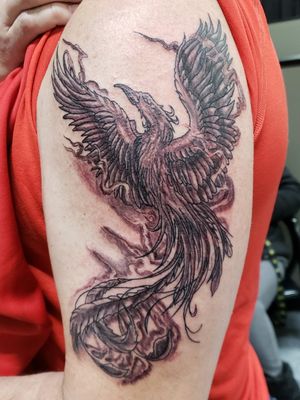 First session on this Phoenix.  One more sitting to go to finish the shading. Message me to setup your next tattoo.Please like and follow me @tattooedbyjesseFB, IG, SC, pinterest, tumblr, twitter, tattoodo app, and for my artist page; www.facebook.com/tattooedbyjesse#TattooedByJesse #ComeGetSomeInk #LoyaltyTattooCompany #DynamicBlack #Fusioninks #EternalInks #Tattoo #Tattoos #MichiganTattooArtists #MichiganPiercers #Tattooed #Symbeos #symbeostattoomachines #pheonix #pheonixtattoo #blackandgrey 