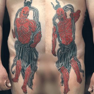 Temple Guardian Traditional Japanese Irezumi by Carl Hallowell for Mr Mike, a marine who was first tattooed in Okinawa... #traditionaljapanese #japanese #horimono #fullfronttattoo #ribs #irezumi #CarlHallowell