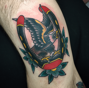 My favorite knee tattoo Ive done. #eagle #horseshoe #lucky #traditional #bold #bright 