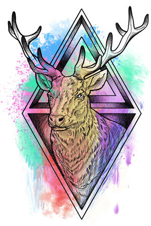 Dot work / watercolor / neotraditional / geometric stag 