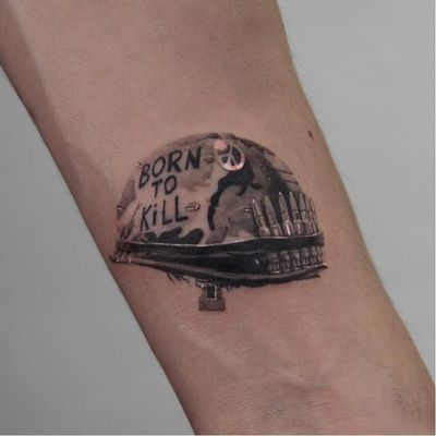 Tattoo by JoJo Nium #JoJoNium #movietattoos #filmtattoos #movie #film #fullmetaljacket #borntokill #war #blackandgrey #realism #realistic