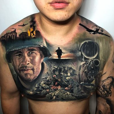 Tattoo by Steve Butcher #SteveButcher #movietattoos #filmtattoos #movie #film #SavingPrivateRyan #realism #realistic #hyperrealism #portrait #war #guns #machinegun #landscape #airplanes #TomHanks