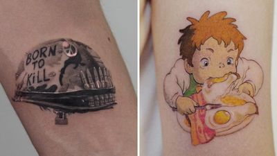 Tattoo on the left by JoJo Nium and tattoo on the right by Tattoo Pureum #TattooPureum #Pureum #JoJoNium #movietattoos #filmtattoos #movie #film