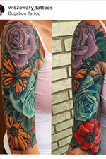 Healed floral sleeve from years ago ! Go out and follow my instagram for work new and old ! #flower #flowers #rose #roses #butterfly #realism #color #neotraditional 