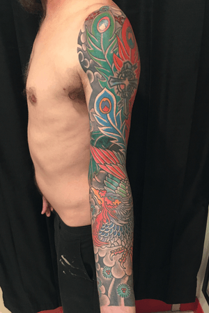 Here is a Japanese pheonix tattoo that I did for my cousin... Wabori by Carl Hallowell #traditionaljapanese #japanese #japanesetattoo #fullcolor #fullsleeve #forearm #pheonix #horimono #irezumi #dallastattooartist #texas #CarlHallowell