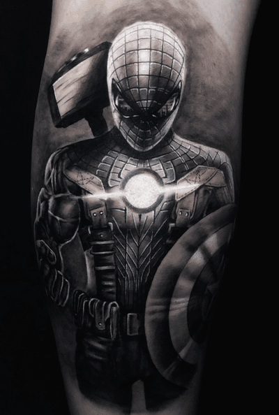 #spiderman #captainamerica #suit and #shield #hulk arm #thor #hammer #ironman and the city of #newyork reflected in the #eyes / #black #blackandgrey #realism #realistic #realistictattoo #avengers #superhero 