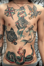 Traditional front, done over time by Carl Hallowell for young Mr P... #traditional #traditionalamerican #TraditionalArtist #eagle #snake #wolf #panther #dagger #shark #fullfronttattoo #chest #stomach #CarlHallowell 