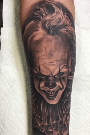It clown realism black and grey portrait on the forearm 6+ hours one session 